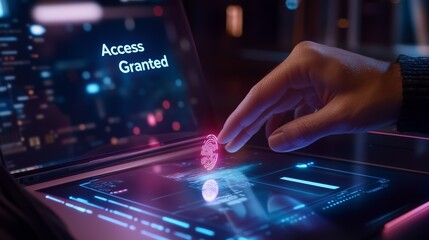 Fototapeta premium Fingerprint scanner display access granted laptop security concept. AI generated