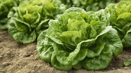 4.A picturesque farmland scene with expansive rows of butterhead lettuce Analotta, the plants perfectly aligned and bathed in the golden glow of a late afternoon sun.