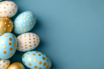 Decorative blue and gold polka dot easter eggs on pastel background festive holiday design