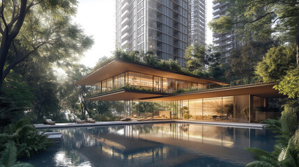 modern eco cottage against the backdrop of high-rise buildings . Generative AI