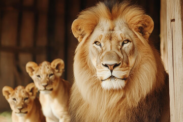 Fototapeta premium Majestic lion with two lionesses in natural habitat exhibiting strength and grace in wildlife