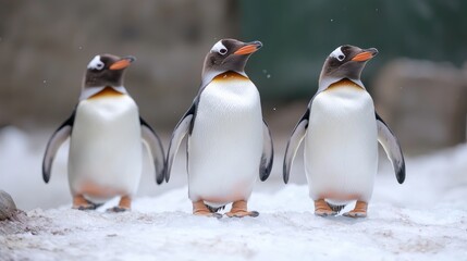 Obraz premium Three penguins walking on snow, zoo background, wildlife photography
