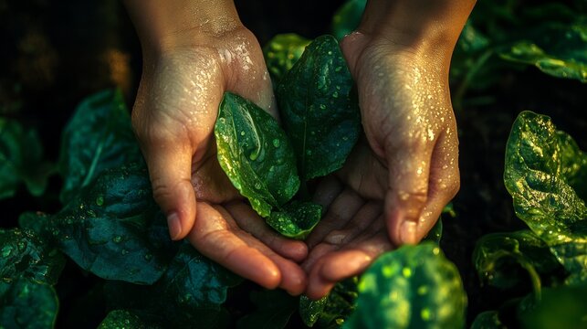 15.A detailed closeup of hands carefully shielding a green lettuce crop in a garden, the tender leaves glistening with morning dew under soft sunlight.