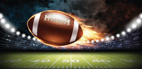 Illuminated football field and oval leather American football ball on fire.  Highly realistic illustration.