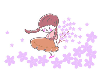 桜のブーケを持ちこちらを見て微笑むスカートのおさげの女の子　春　4月　背景桜
