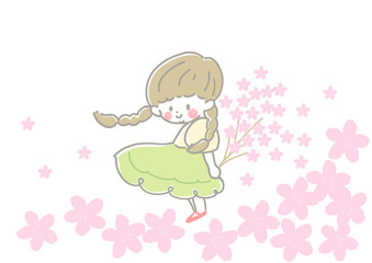 桜のブーケを持ちこちらを見て微笑むスカートのおさげの女の子　春　4月　背景桜
