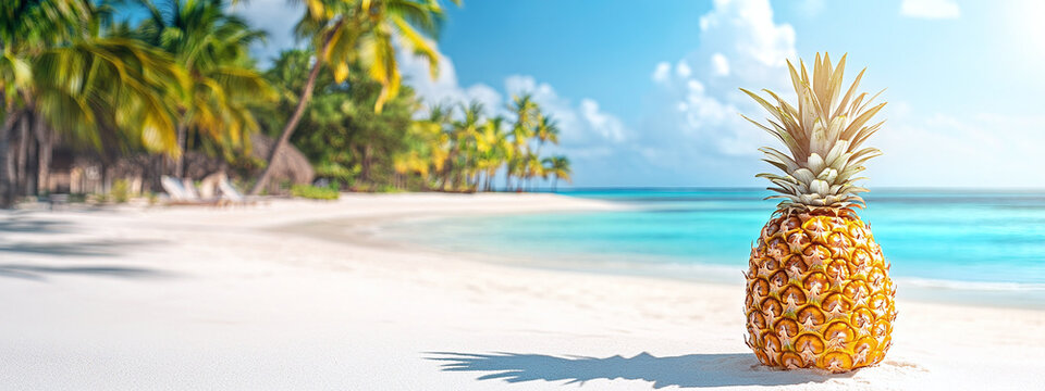Ripe tasty pineapple stands on tropical beach with white sand on landscape view of ocean and sunny sky