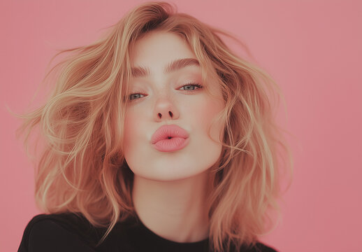 Photo of bright and sweet young lady with white t-shirt and blonde hair sending an air kiss isolated on pink color background. Expresses her positive and loving feelings 