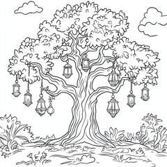 Fototapeta premium Enchanted Tree with Lanterns Magical Coloring Book Page Design