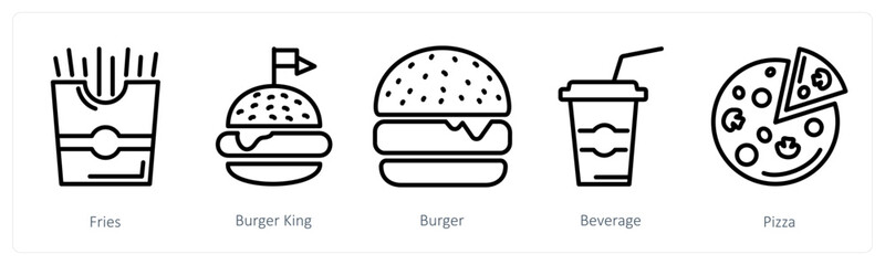 A set of 5 food icons as fries, burger king, burger