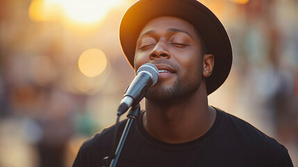 A young man in a round hat sings into a microphone on the street on a warm summer evening