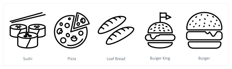 A set of 5 food icons as sushi, pizza, loaf bread