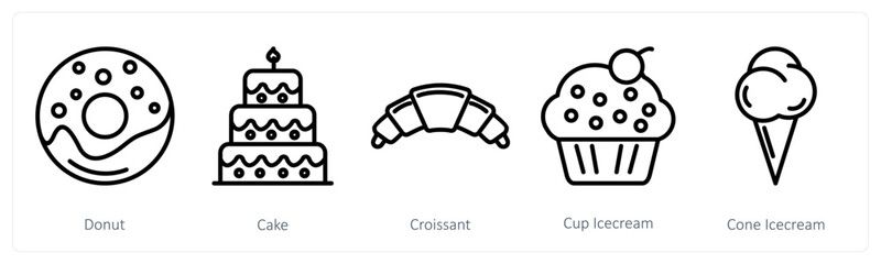 A set of 5 food icons as donut, cake, croissant