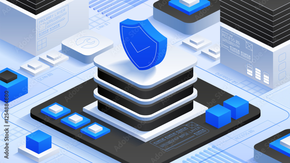 Poster vector illustration featuring a central shield icon atop server structures, surrounded by geometric 