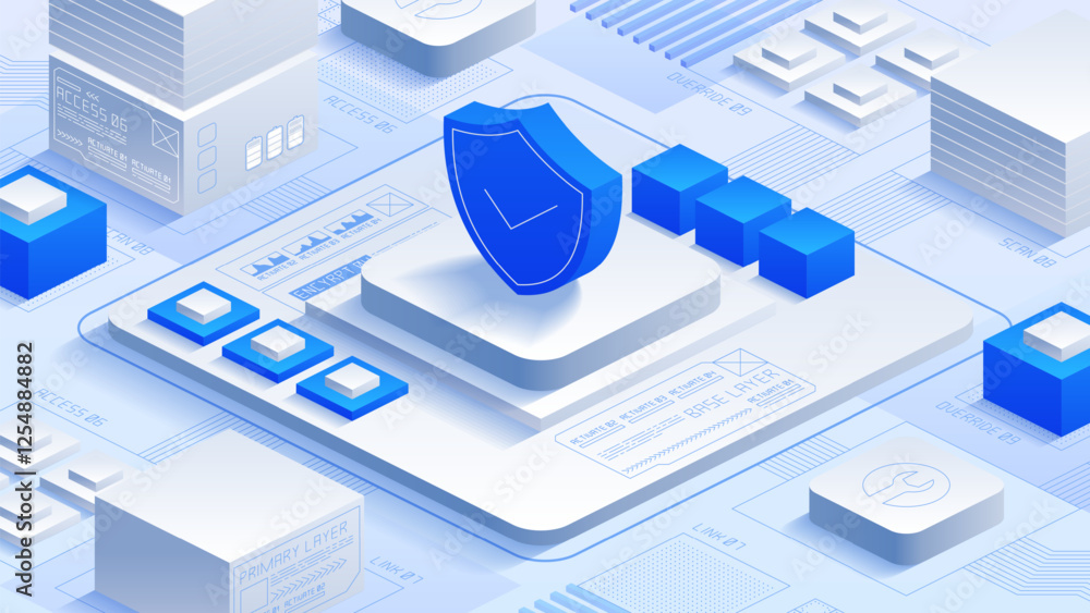 Poster cybersecurity and data protection vector illustration of a shield icon on a platform with surroundin