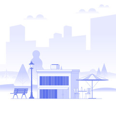 Naklejka premium Business real estate investment. Commercial property in the park. Modern city building exterior. Background shows cityscape with buildings and trees. Cartoon minimal style. Vector illustration.