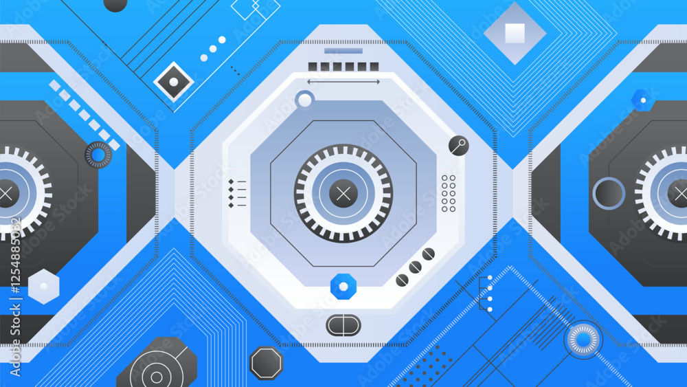 Poster futuristic digital interface background with abstract geometric shapes and circuit patterns in blue 