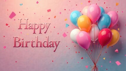Happy birthday to you text with balloons and glitter confetti on pink background