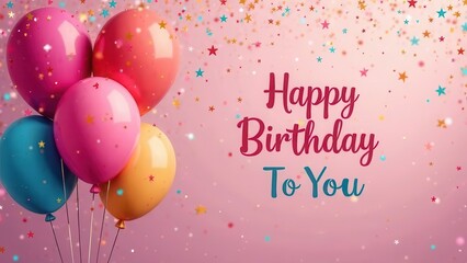 Happy birthday to you text with balloons and glitter confetti on pink background