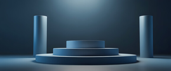Mockup of a 3D Metallic Podium with Circular Glass Dome on Blue Background, Luxury Product Display in Minimalist and Modern Design for Elegant Showcase or Showroom