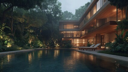 Luxury Tropical Villa Night Scene:  Modern Architecture, Tranquil Pool, Lush Greenery