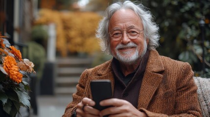 Obraz premium Senior man using mobile phone outdoors autumn