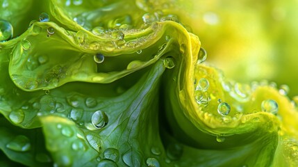 53.A macro image of fresh lettuce leaves, their bright green tones enhanced by tiny rain droplets clinging to the curled edges.