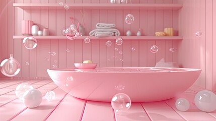 pastel pink bathroom with soap bubbles floating around