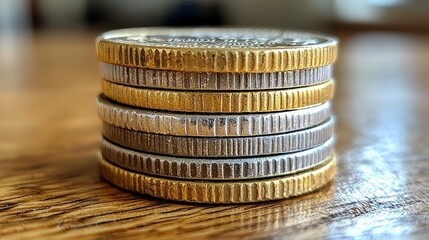 Stack of coins on wooden table