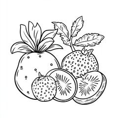 Funky Fruits Coloring Book Page Simple Illustration of Exotic Fruits