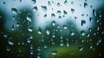 64.A macro image of rain droplets clinging to glass, their shapes reflecting the greenery outside, with soft, diffused light enhancing the texture and depth of the water on the glass.