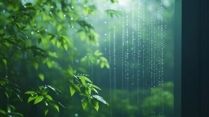 65.A smooth glass surface covered in raindrops, the natural green hues of plants outside faintly visible through the droplets, creating a dreamy, abstract nature-inspired wallpaper.