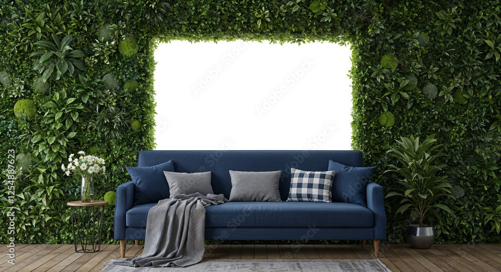 Aufkleber abstract interior with a large sofa and a wall of leaves behind which is a mockup of a frame for a p