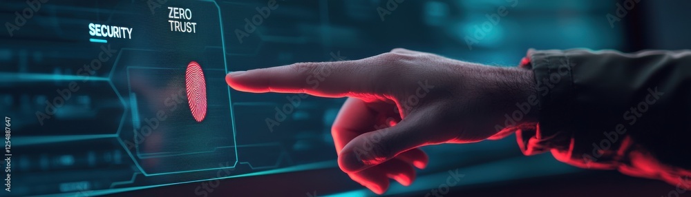 Poster a hand interacts with a digital interface, highlighting cybersecurity and trust, emphasizing the con