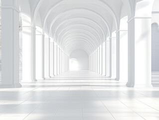 Obraz premium Long, empty hallway with white pillars and a large archway