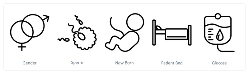 A set of 5 medical icons as gender, sperm, new born