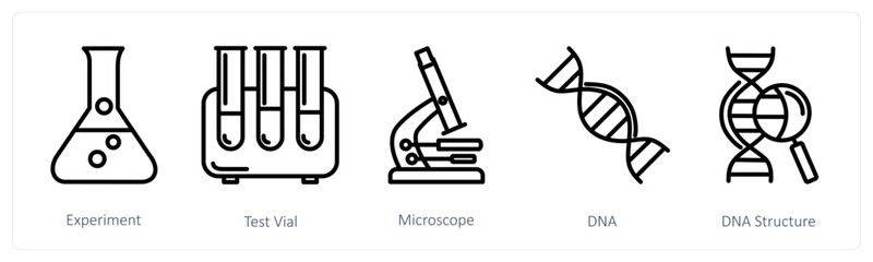 A set of 5 medical icons as experiment, test vial, microscope