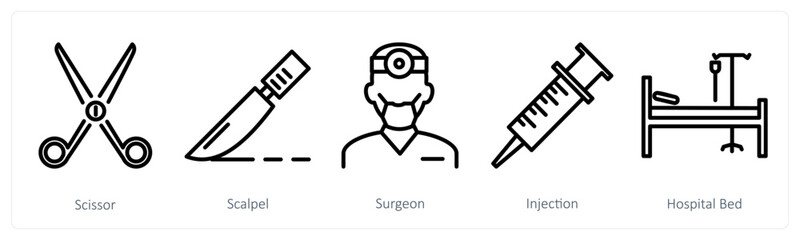 A set of 5 medical icons as scissor, scalpel, surgeon