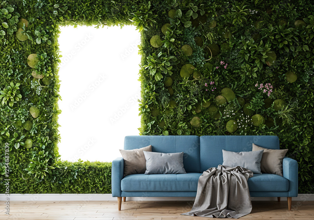 Poster abstract interior with a large sofa and a wall of leaves behind which is a mockup of a frame for a p