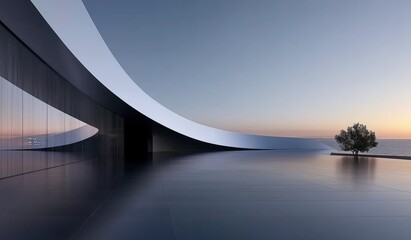 Stunning Modern Architecture with Sleek Curves Under Twilight Sky Reflecting Serenity
