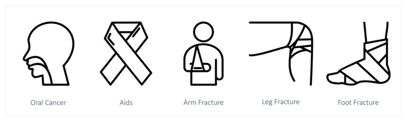 A set of 5 medical icons as oral cancer, aids, arm fracture,