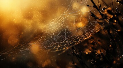 74.A closeup of a delicate spider web, the threads glistening with water droplets after rain, set against a soft natural background, symbolizing the quiet beauty of nature.