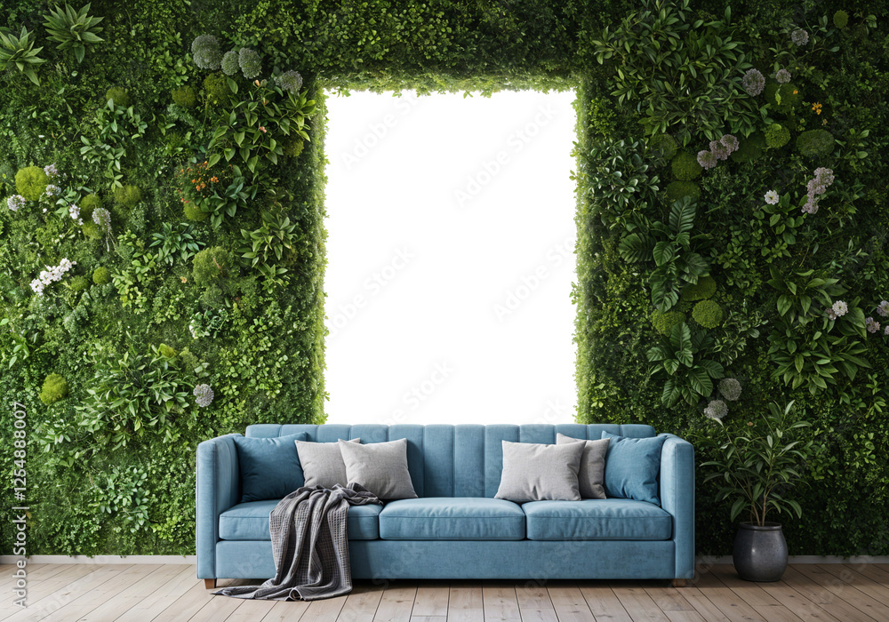 Poster abstract interior with a large sofa and a wall of leaves behind which is a mockup of a frame for a p