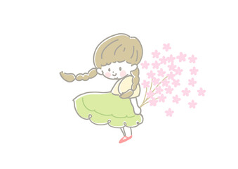 桜のブーケを持ちこちらを見て微笑むスカートのおさげの女の子　春　4月　背景桜
