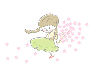 桜のブーケを持ちこちらを見て微笑むスカートのおさげの女の子　春　4月　背景桜
