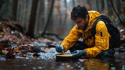 Man panning for gold in autumn forest stream