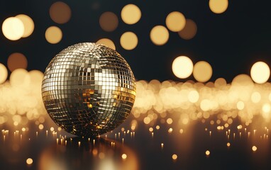 Fototapeta premium Artistic golden disco ball with intricate reflections, blending natural light with a whimsical background of glowing bokeh lights
