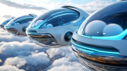 Obraz premium Futuristic Flying Cars Above Clouds - Futuristic Transportation