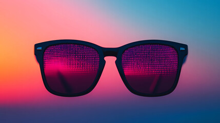 Stylish black sunglasses reflecting vibrant sunset gradient, evoking summer vibes and modern fashion aesthetics.