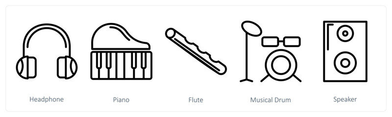 A set of 5 music icons as headphone, piano, flute © popcornarts